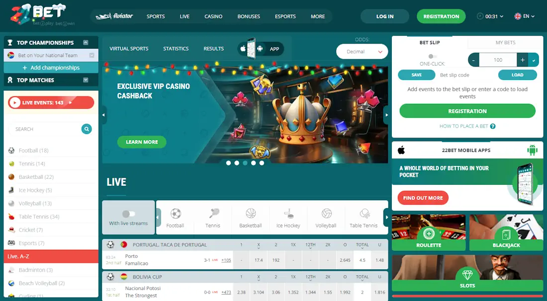 22Bet Sportsbook and VIP Casino Cashback Screenshot